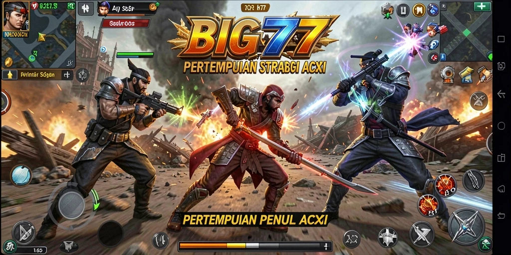 Tangkapan layar utama BIG77 menunjukkan aksi pertempuran intens di peta yang dinamis.