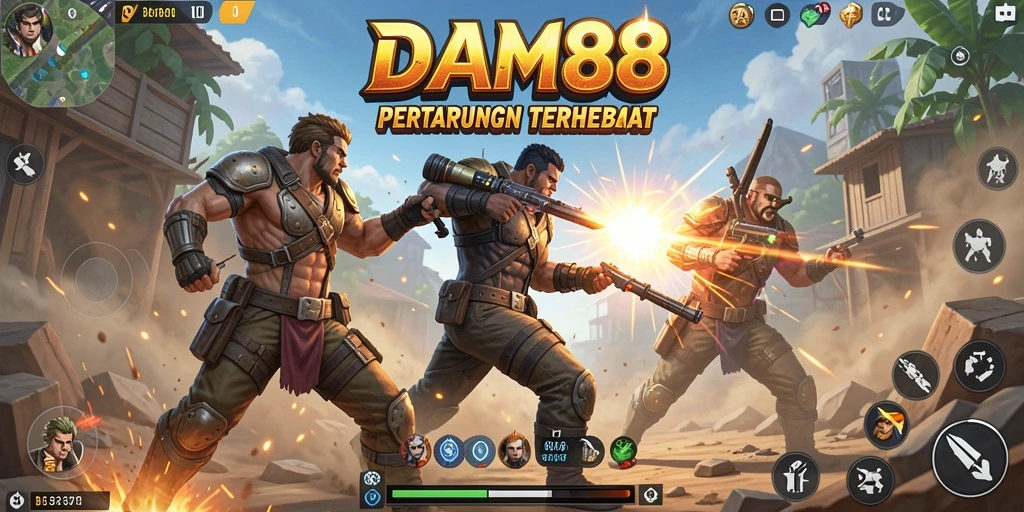 Screenshot utama menampilkan aksi intens dalam gameplay Battle Royale.