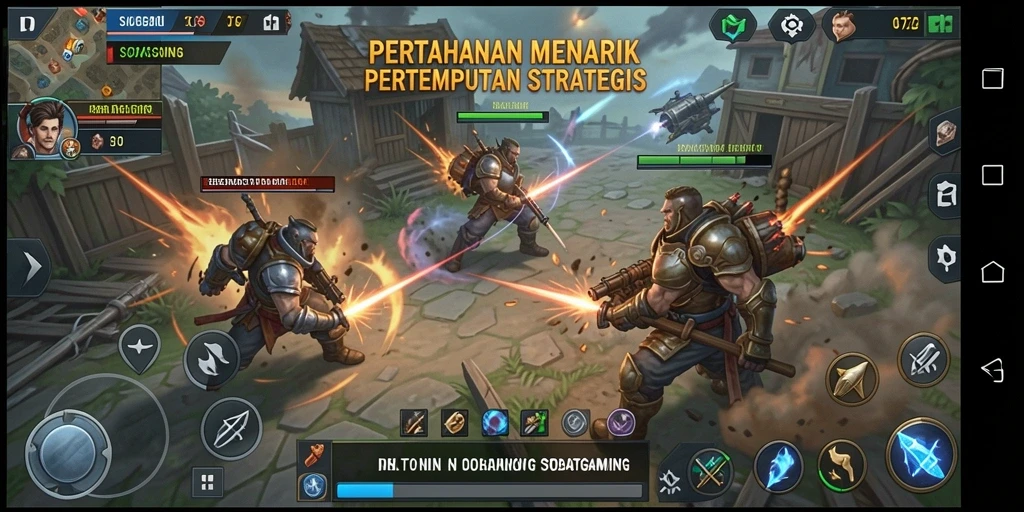 Tangkapan layar gameplay menunjukkan menara pertahanan dalam aksi melawan gelombang musuh.