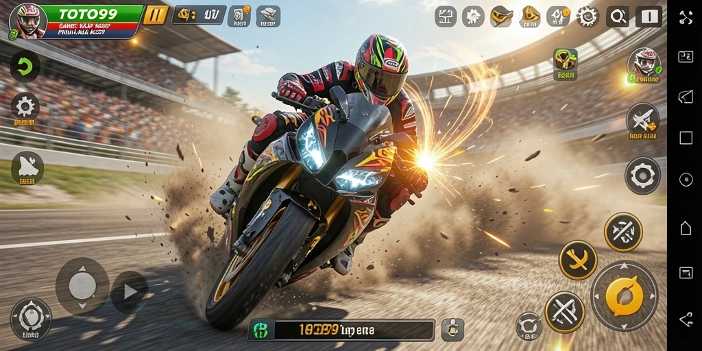 Tampilan gameplay balap motor yang mendebarkan dan realistis.