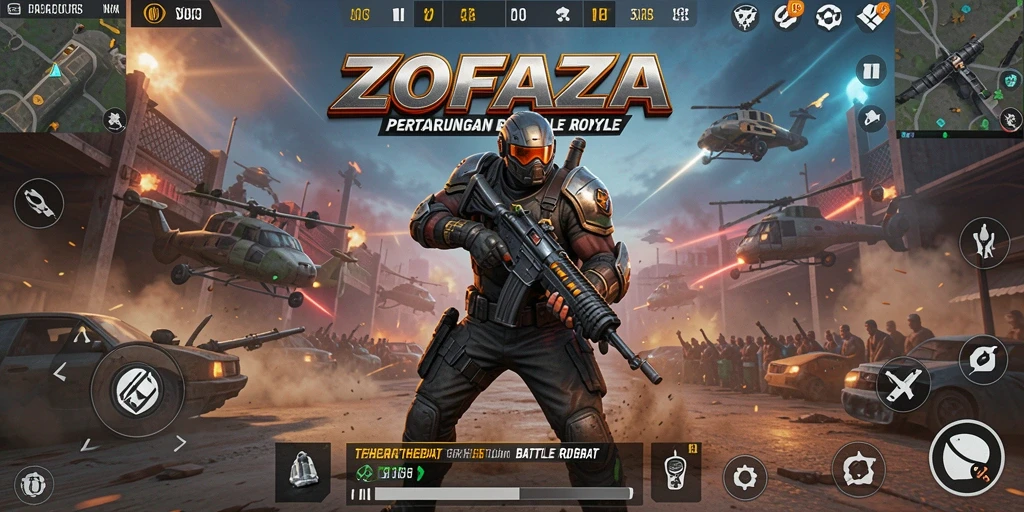 Screenshot menunjukkan aksi intens dalam gameplay Battle Royale ZOFAZA.